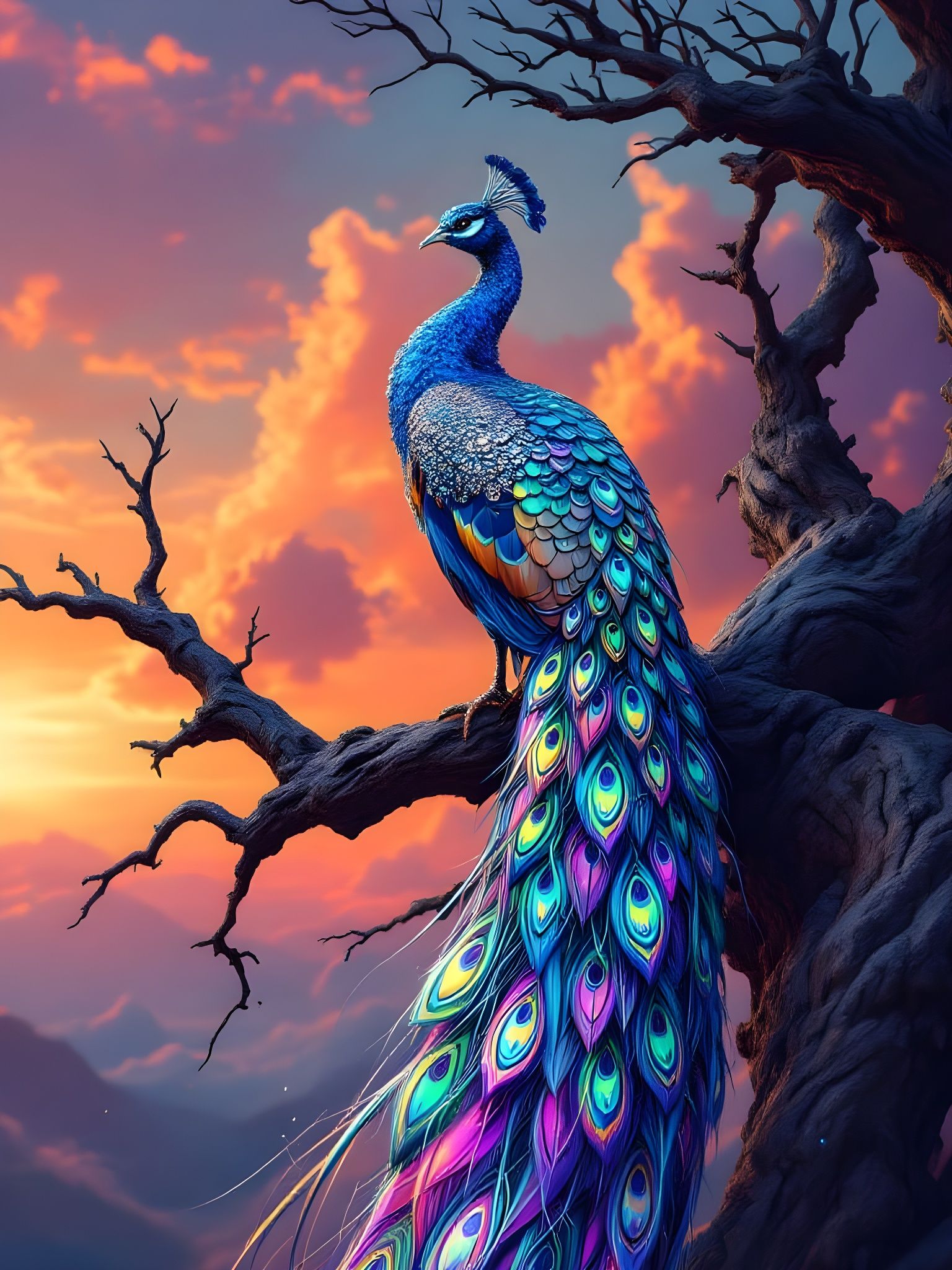 Shimmering Peacock Perched in Sunset Tree
