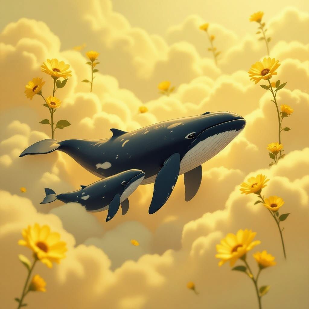 Whale and Calf in Dreamy Pastel Sky
