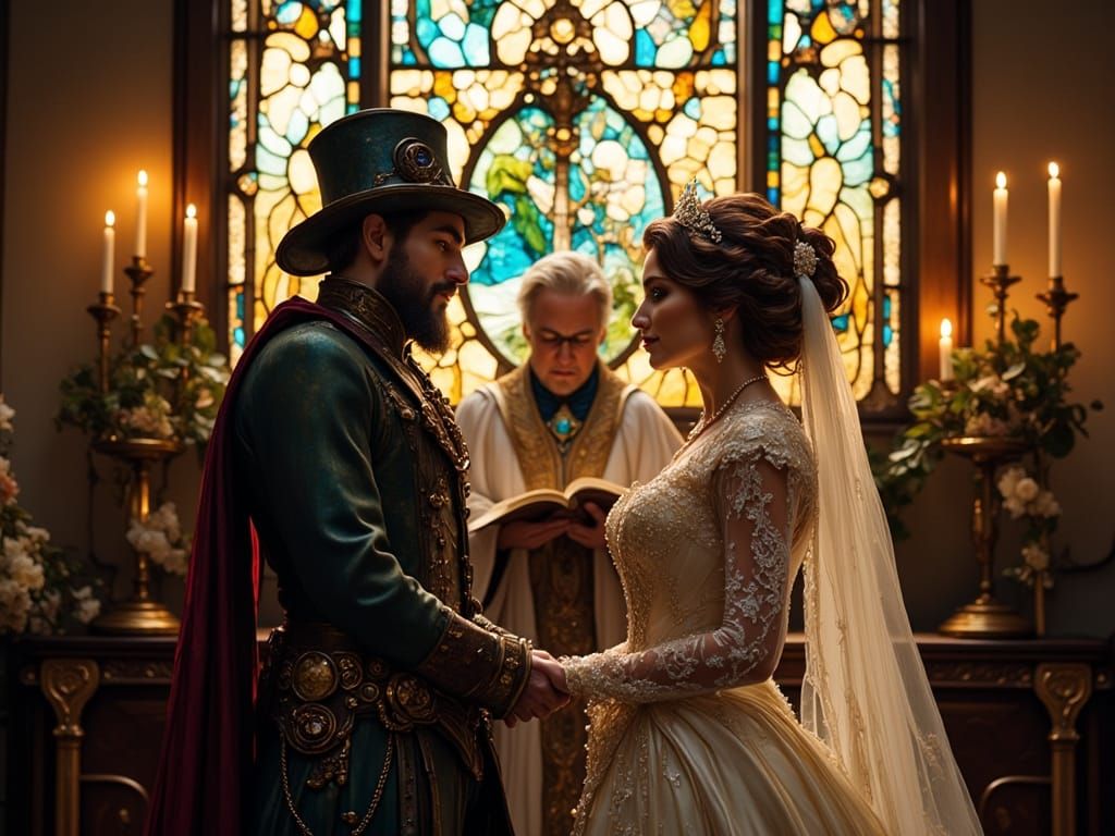 Steampunk Couple Married in Vibrant Stained Glass Church
