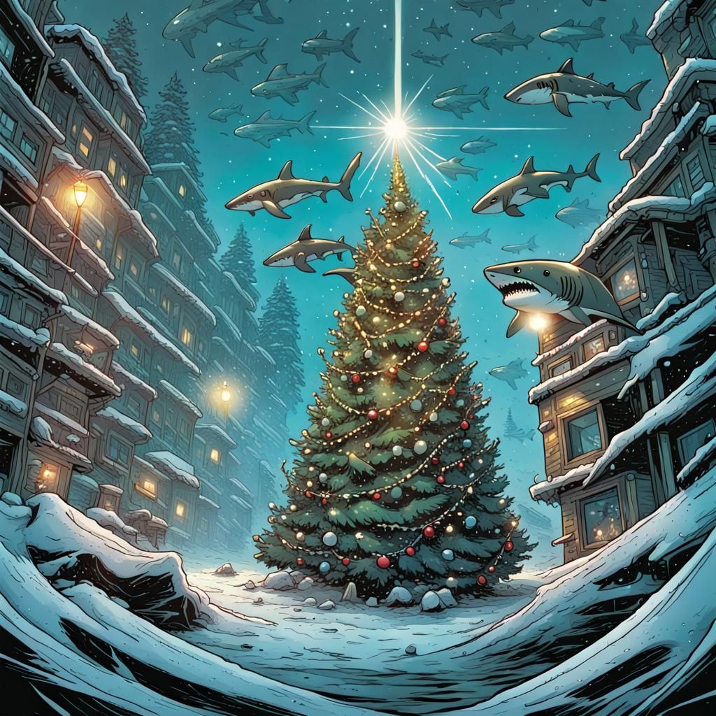 Christmas Tree Topped with Sharks: Comic Book Art