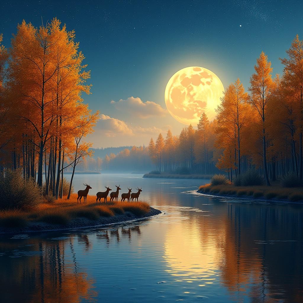Moonlit Aspen Trees Reflecting River Landscape