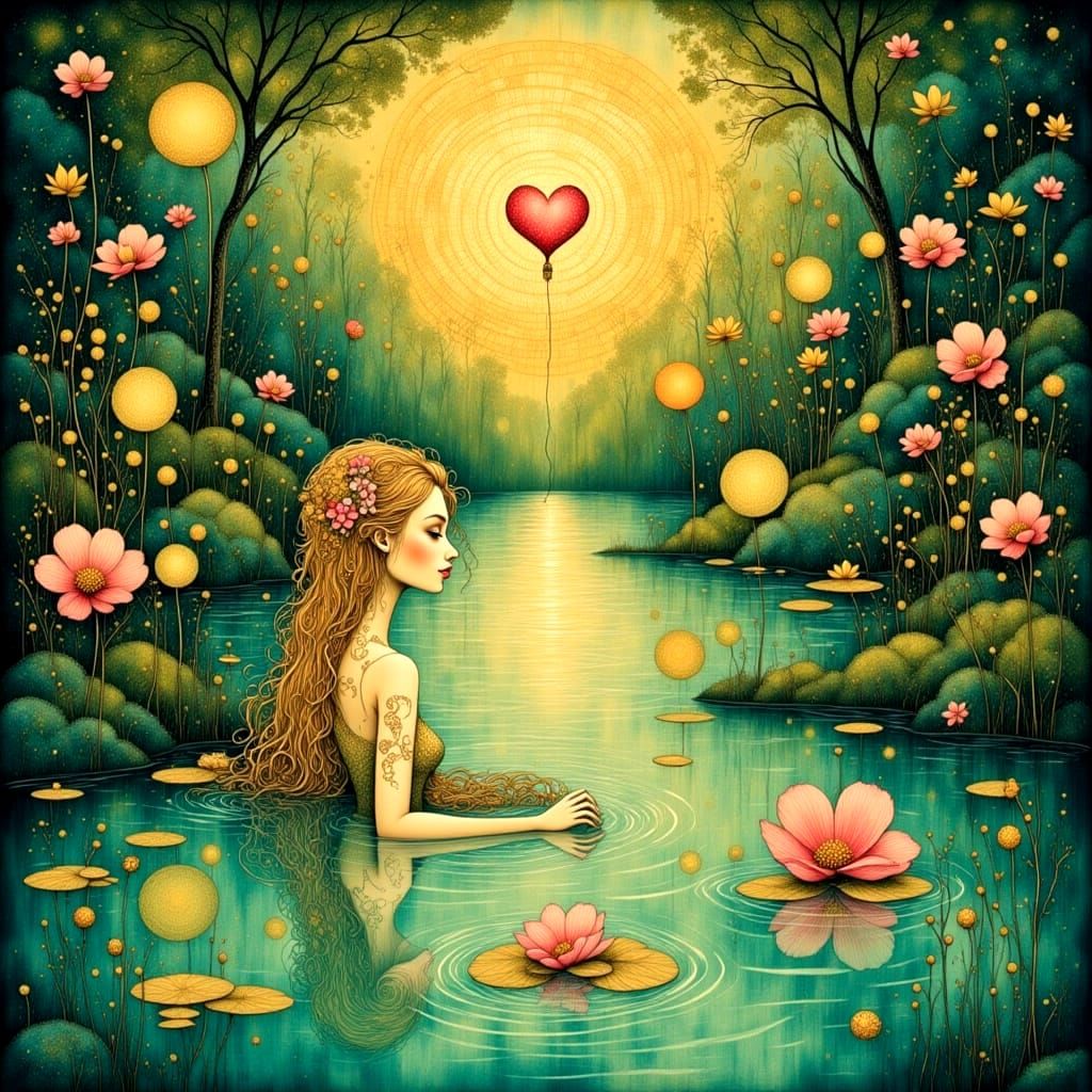 Dreamlike Woodblock Print of Elegant Woman in Serene Pool