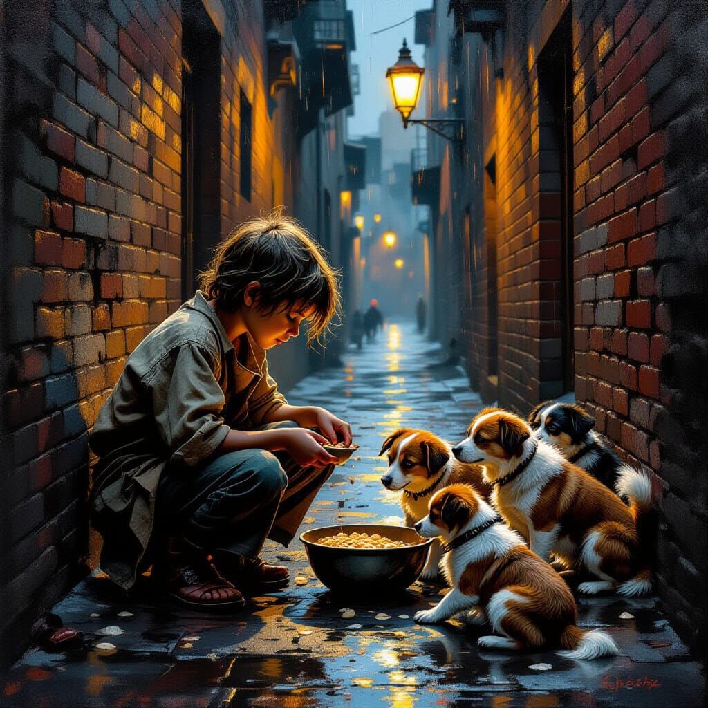 Street Urchin Tends Stray Dogs in Dramatic Oil Painting