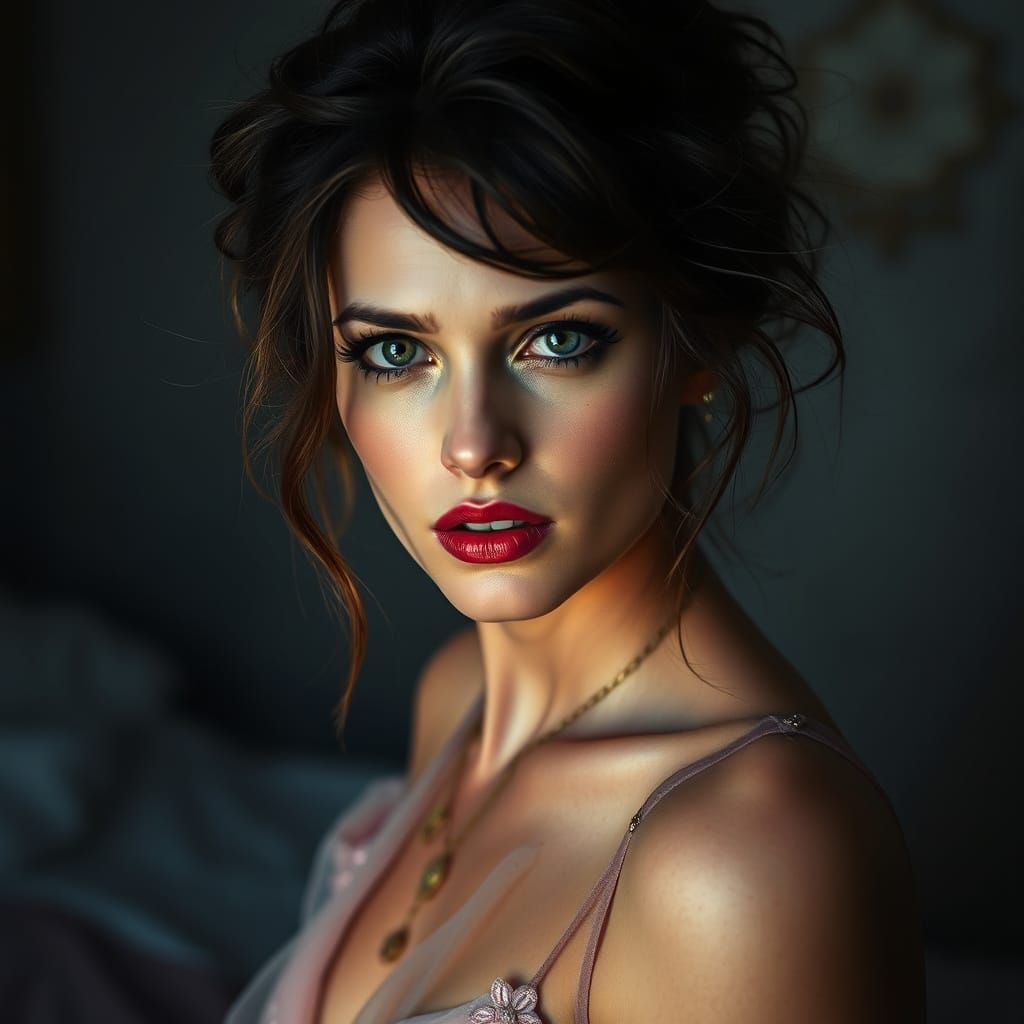 Confident Woman with Tousled Hair, Art Nouveau Style