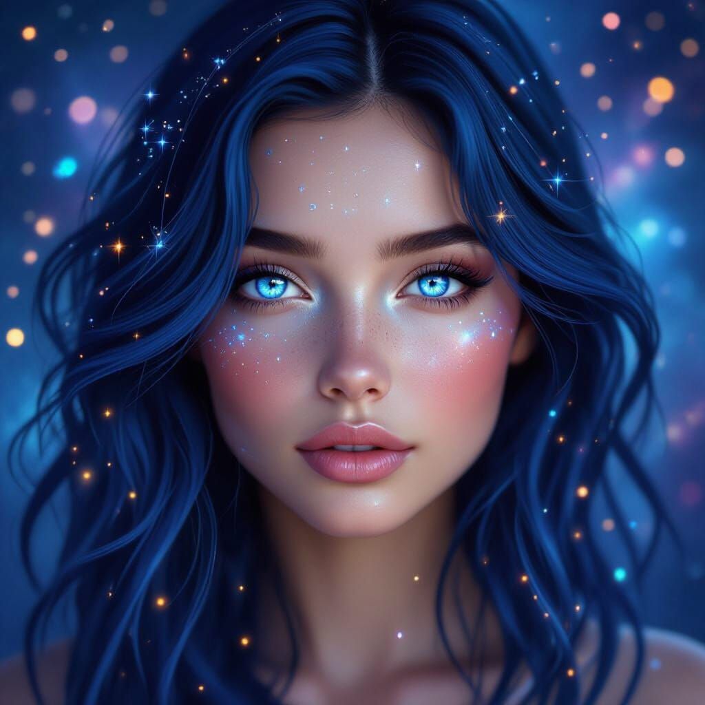 Ethereal Woman with Blue Hair in Digital Fantasy Art