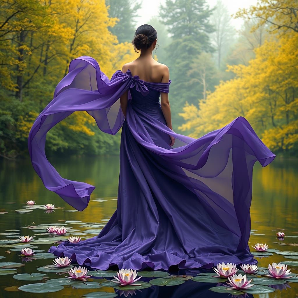Tranquil Woman Stands by a Serene River in a Voluminous Purp...
