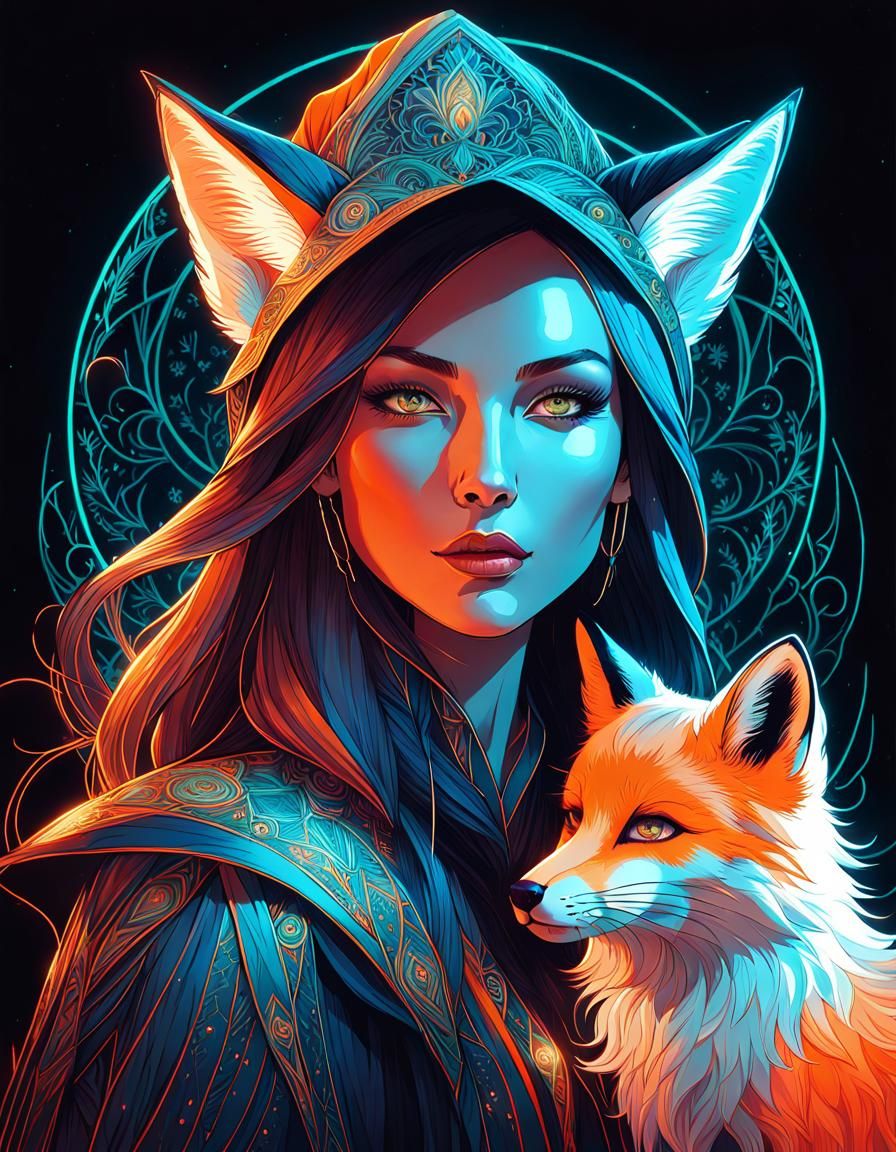 Neon Witch Portrait with Fox, Digital Art