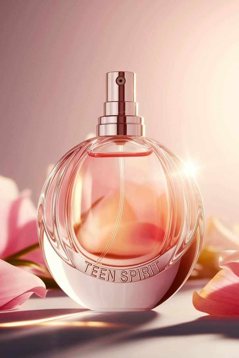 Sleek Perfume Bottle Radiates Warmth Amidst Gentle Floral Ba...