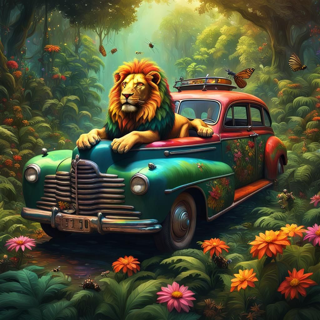 Reggae Lion on Vintage Car in Jungle