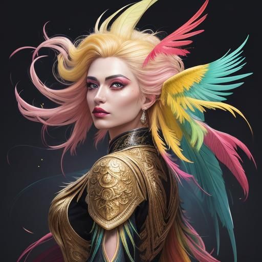 Silver Woman with Feathers in Hyper-Realistic Splash Art