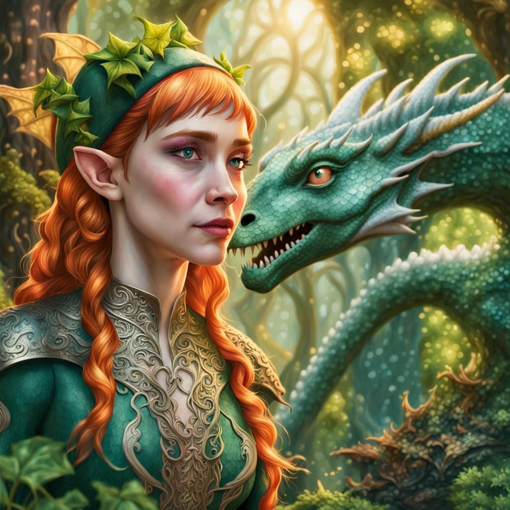 Female elf and her dragon