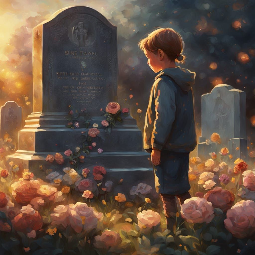 Solemn Ukrainian Child at Father's Grave: Oil Painting