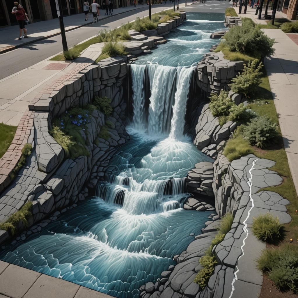 Detailed Chalk Art Waterfall on Sidewalk