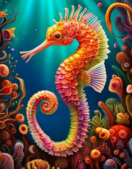 Psychedelic Seahorse in Coral Reef