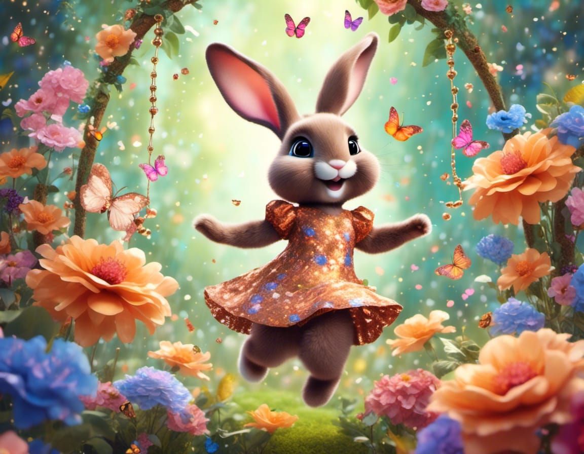 Rabbit in Swing Dress Dancing in Magical Garden