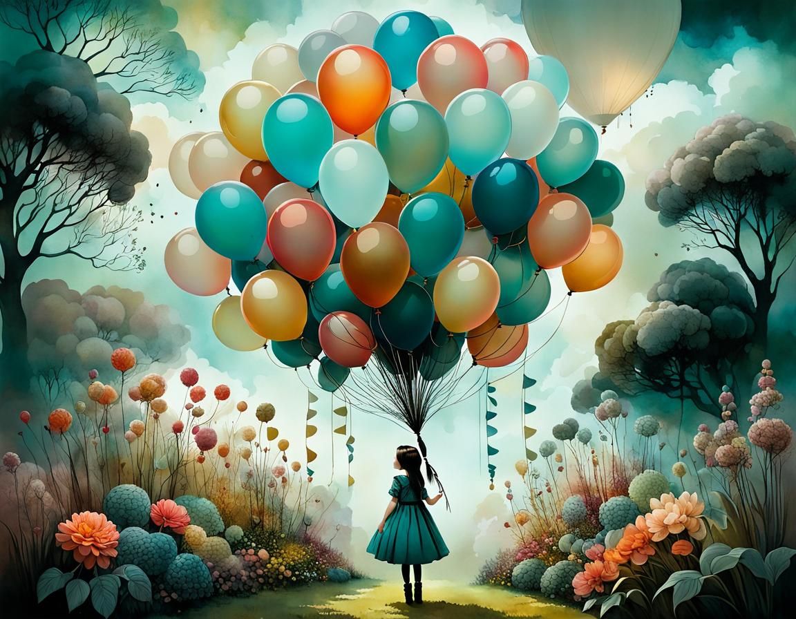 Girl with Cloud Balloons in Magical Garden