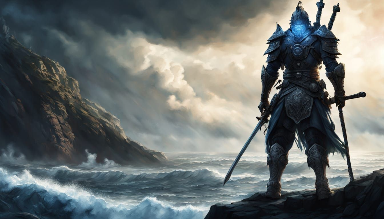 Lone Biomechanical Warrior on Windswept Cliff