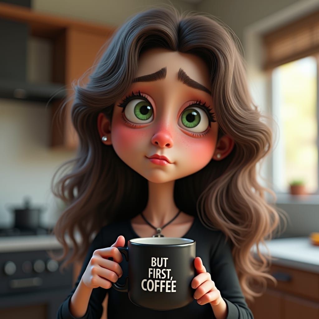 Cartoonish Girl with Coffee Mug in Unreal Engine Style