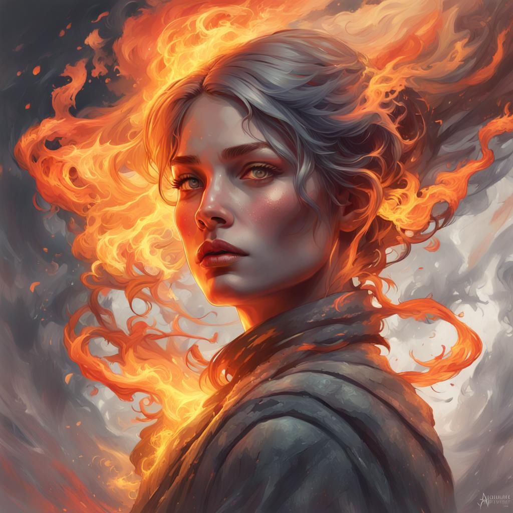 Smoky Woman Engulfed in Flames: Hyperdetailed Art