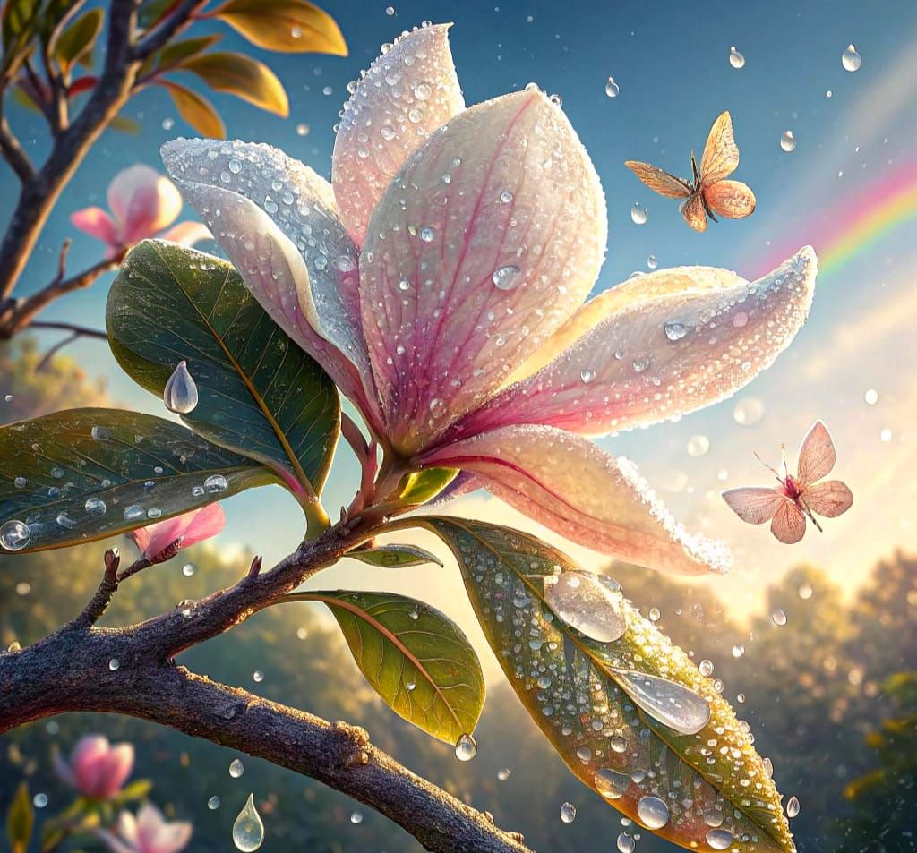 Magnolia Flower in Morning Dew: Watercolor Photorealism