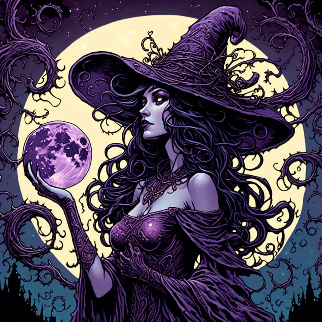 Eldritch Lunar Witch in Gothic Comic Art Style