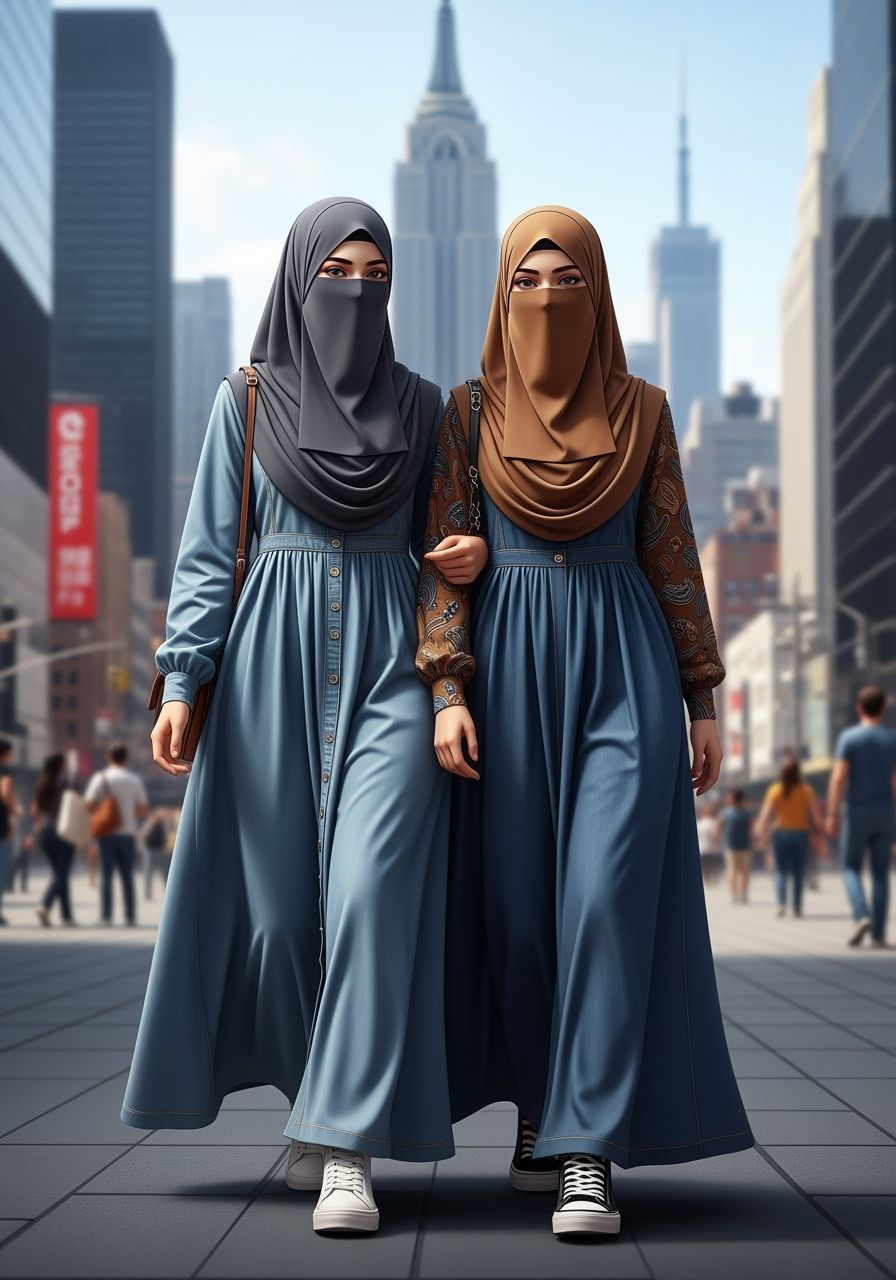 Niqabi Women in Modern City: Digital Art Portrait