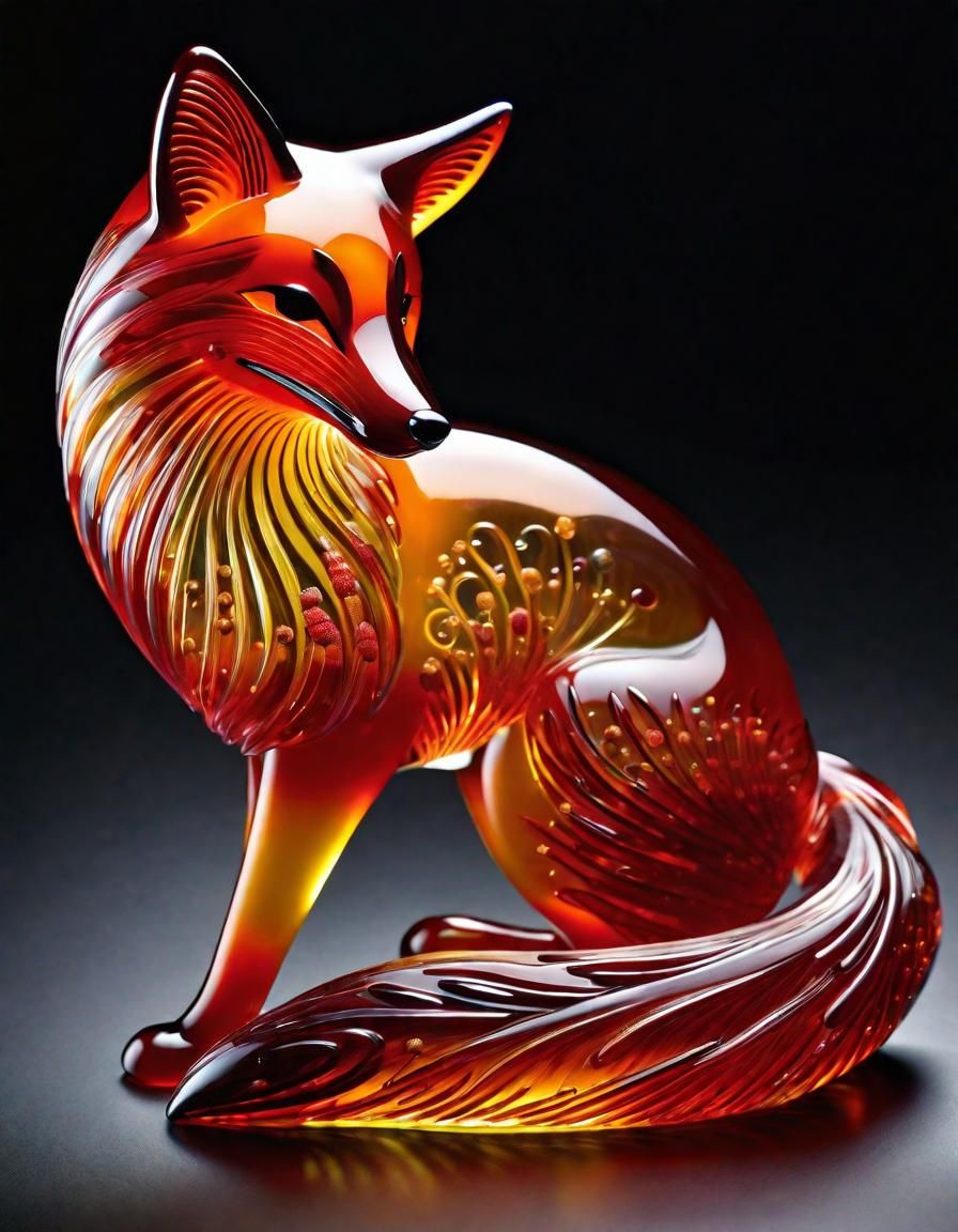 Intricate Glass Fox Sculpture in Blown Glass Style