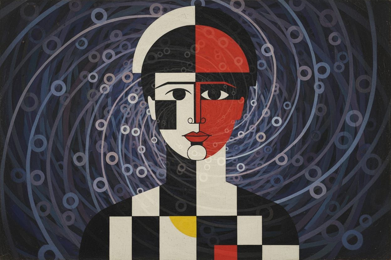 Suprematist Portrait with Torus Particle Cascade