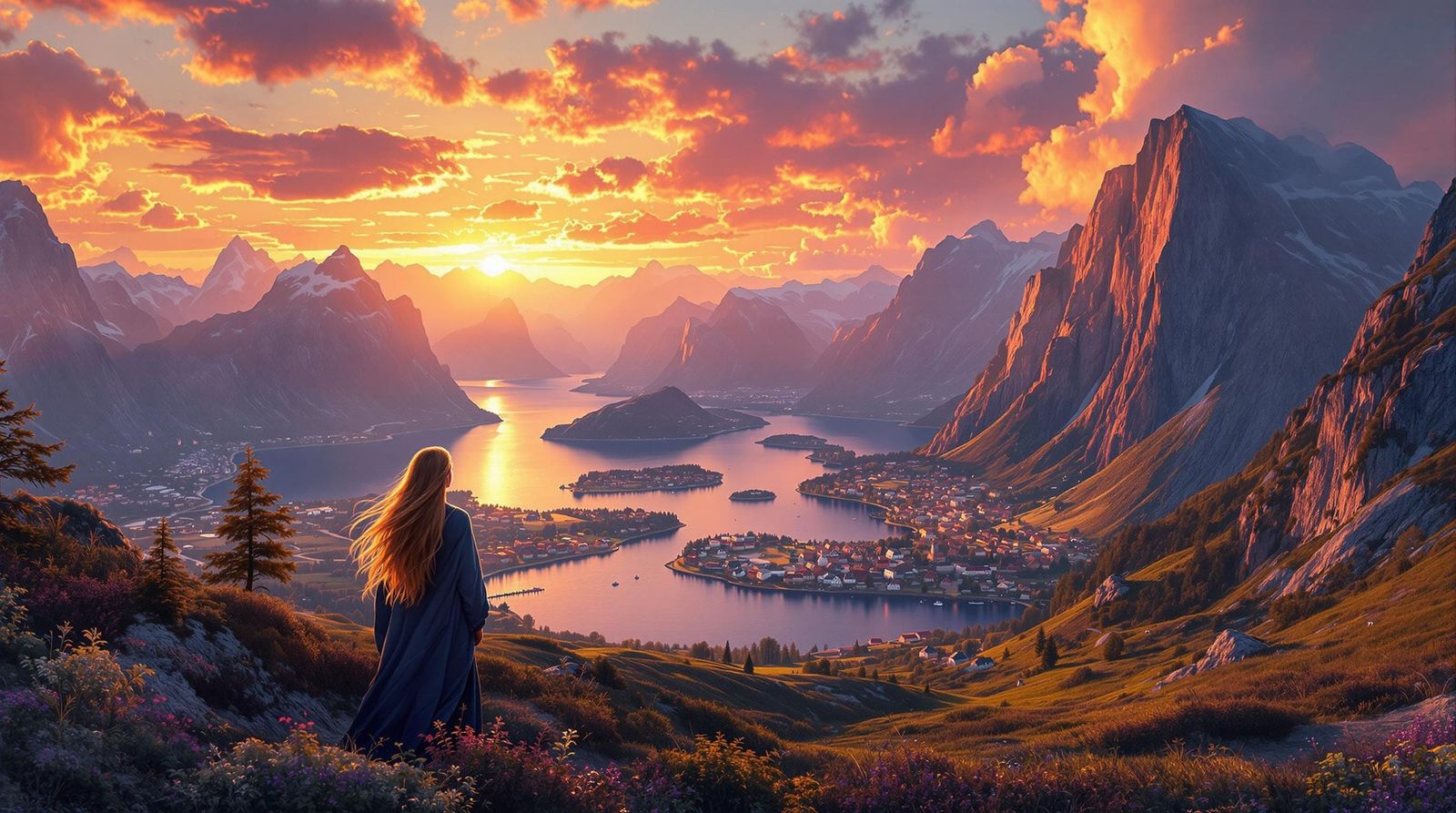 Norwegian Fjords Sunset Vista in Hyperrealistic Style