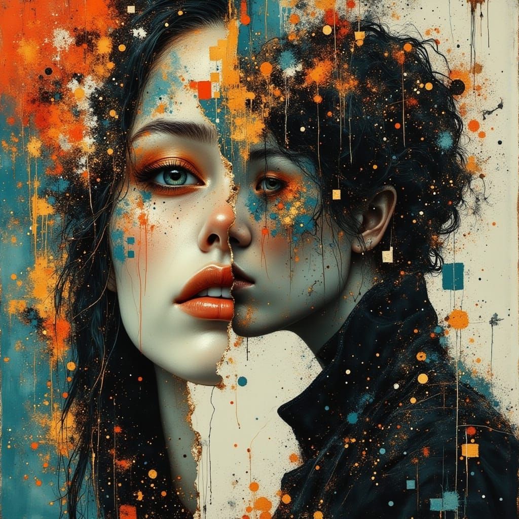 Distorted Figures in Glitch Art Fusion