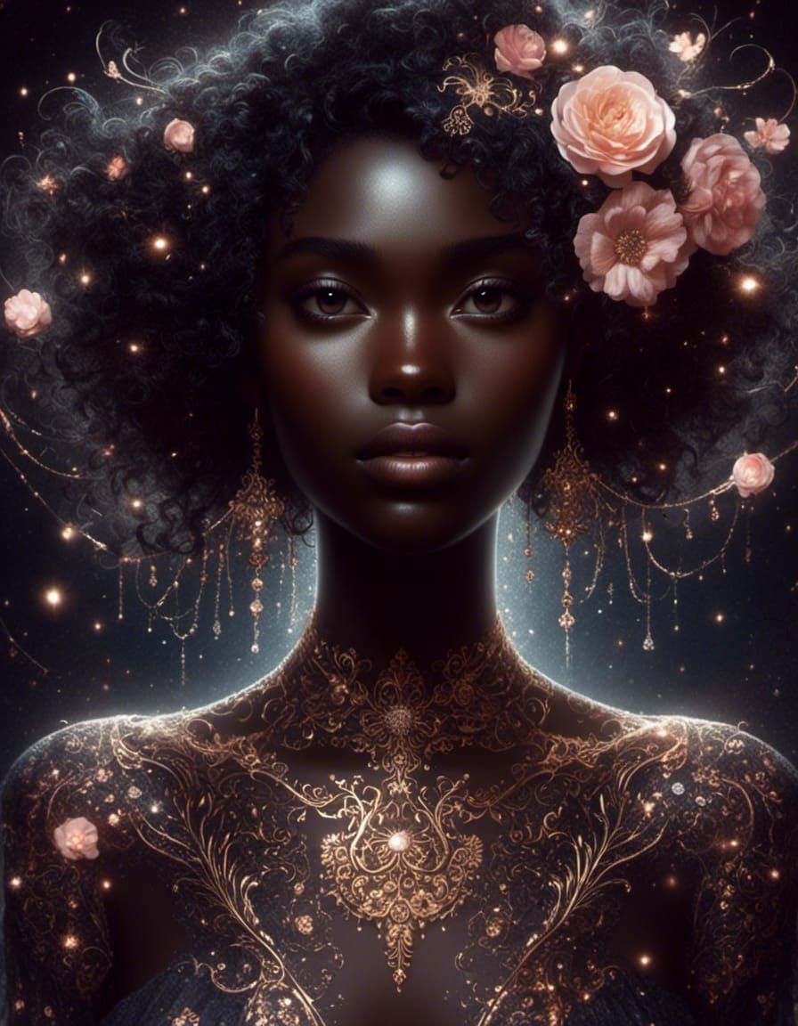 Floral Adorned Portrait with Dark Skin Tones