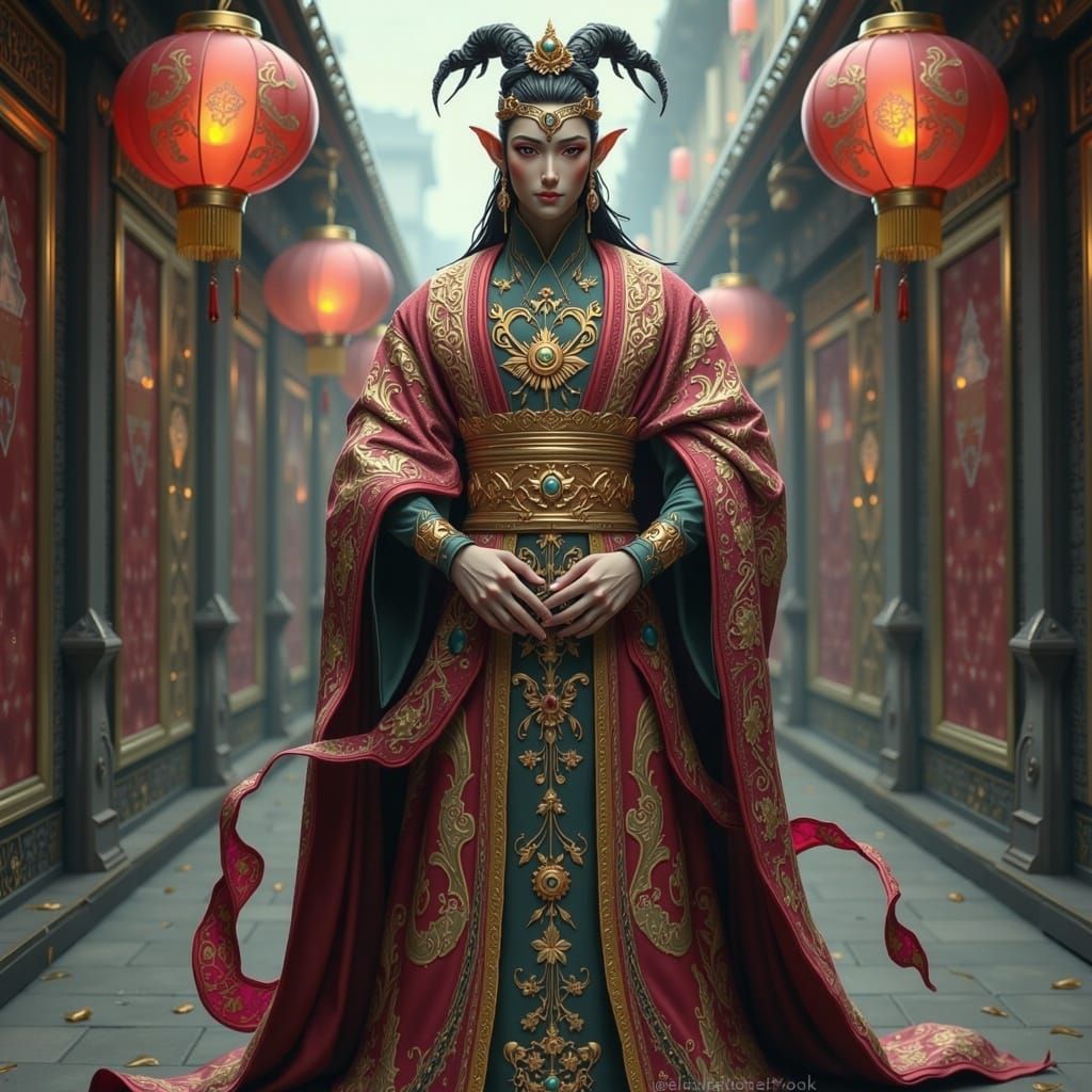 Regal Chinese Triad Figure in Lantern-Lit Alleyway