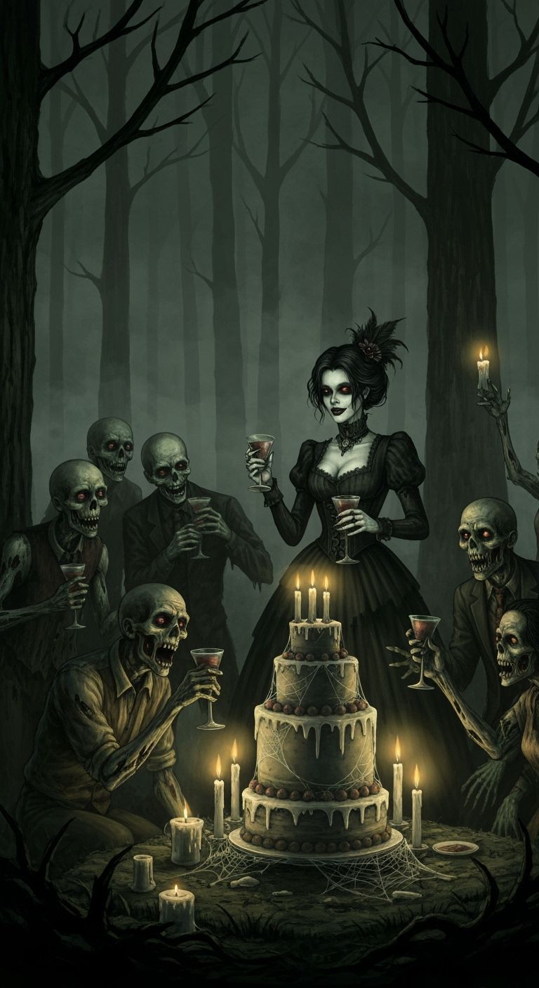 Gothic Zombies Celebrate Birthday in Foggy Forest