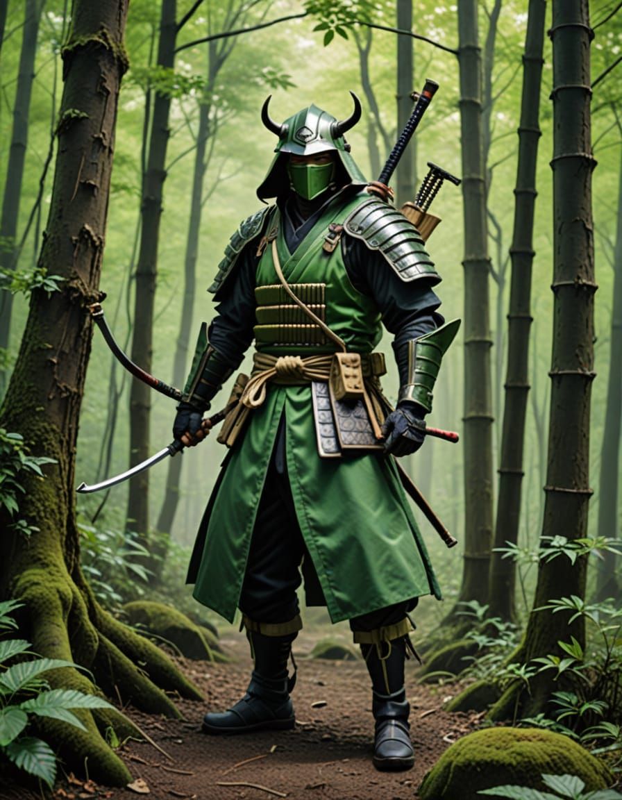Ronin in Green Attire, Bow in Hand, Forest Setting