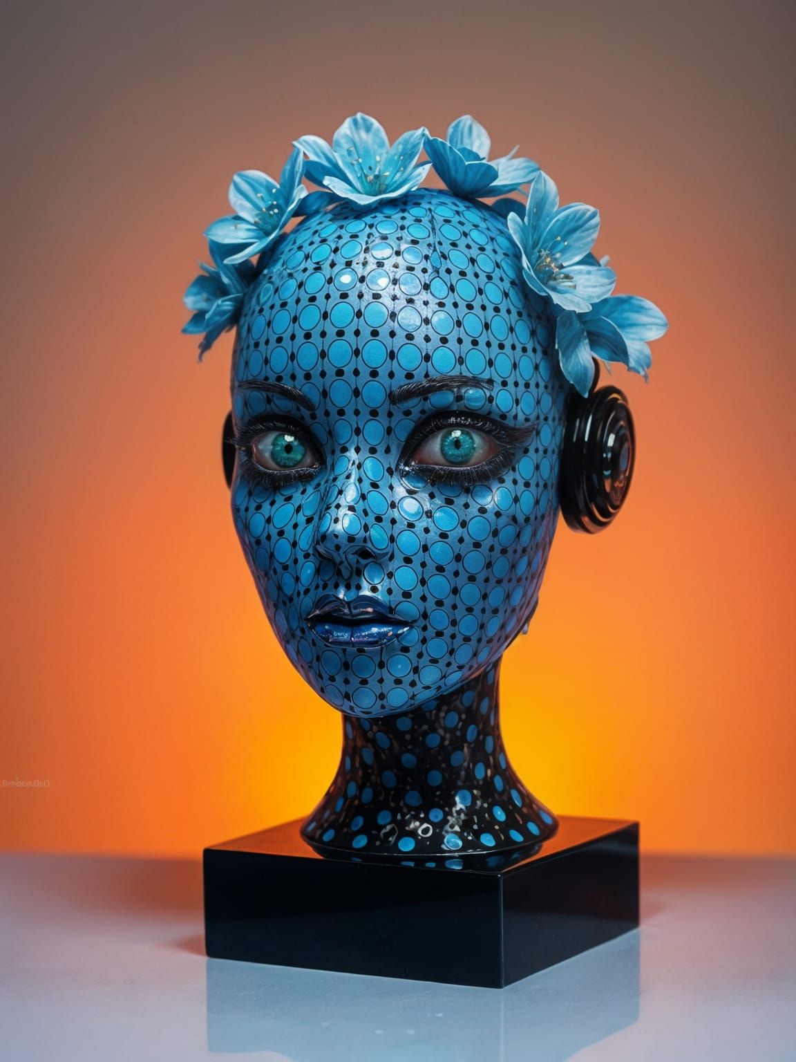 Polka Dot Robot Sculpture with Floral Accents