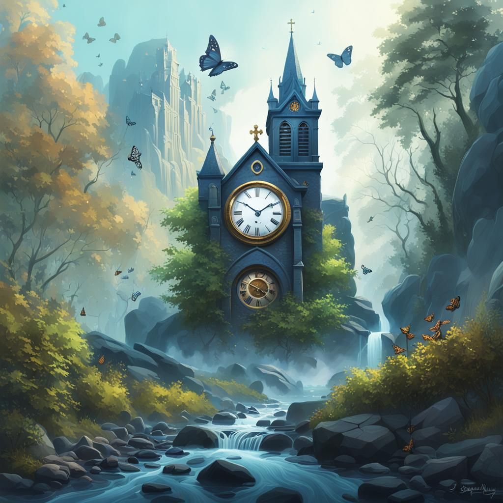 Melting Church Clock in Dreamlike Fantasy Landscape