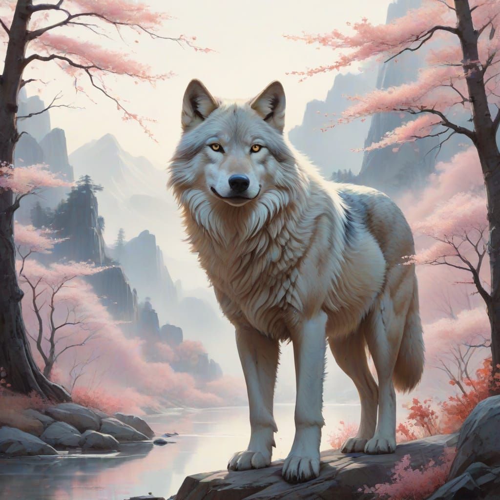 Lone Wolf Howling in Valley: Watercolor and Digital Art