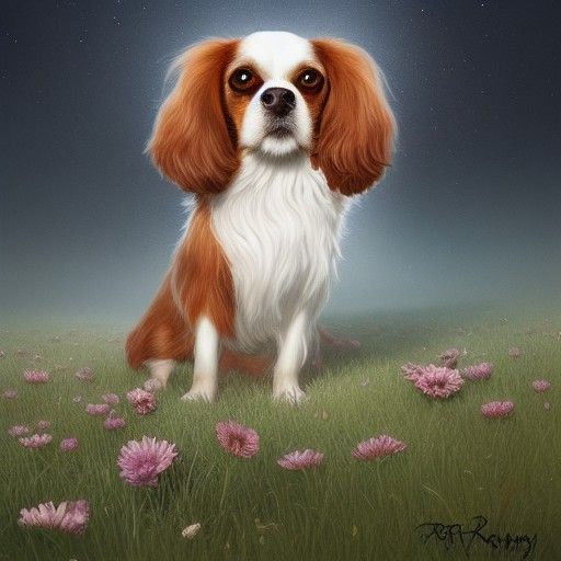 King Charles Spaniel in Flower Meadow, Digital Art