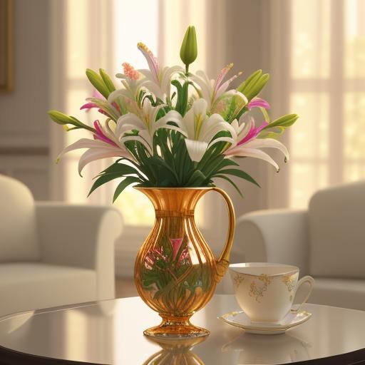 Crystal Vase Lilies with Tea in Art Nouveau Style