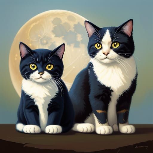 Impressionist Cat Gazing at Moon in Golden Light