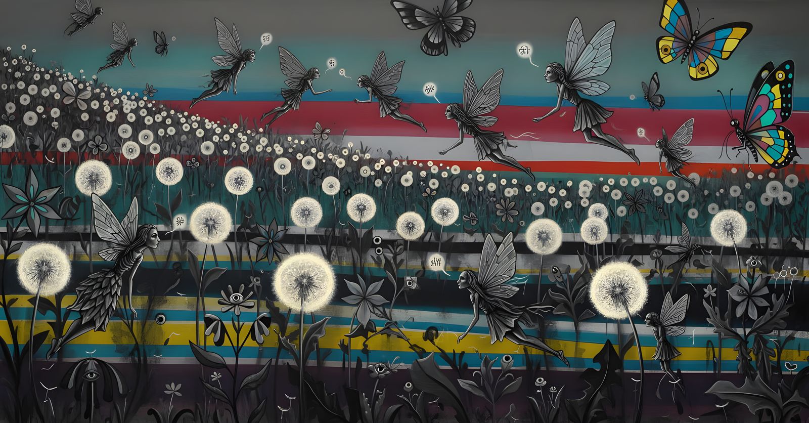 Winged Fairies in Dandelion Dreamscape, Abstract Art
