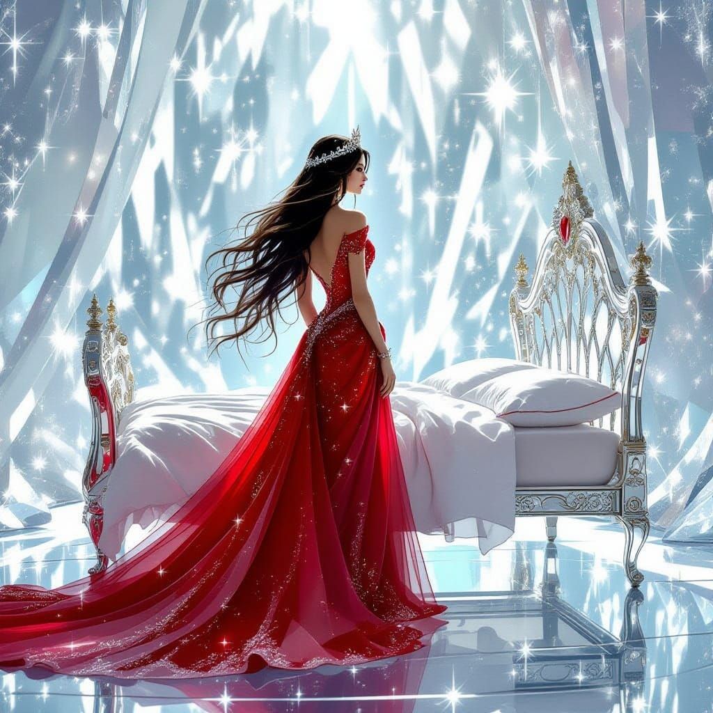 Ethereal Princess Beside Crystal Bed, in Art Nouveau Style