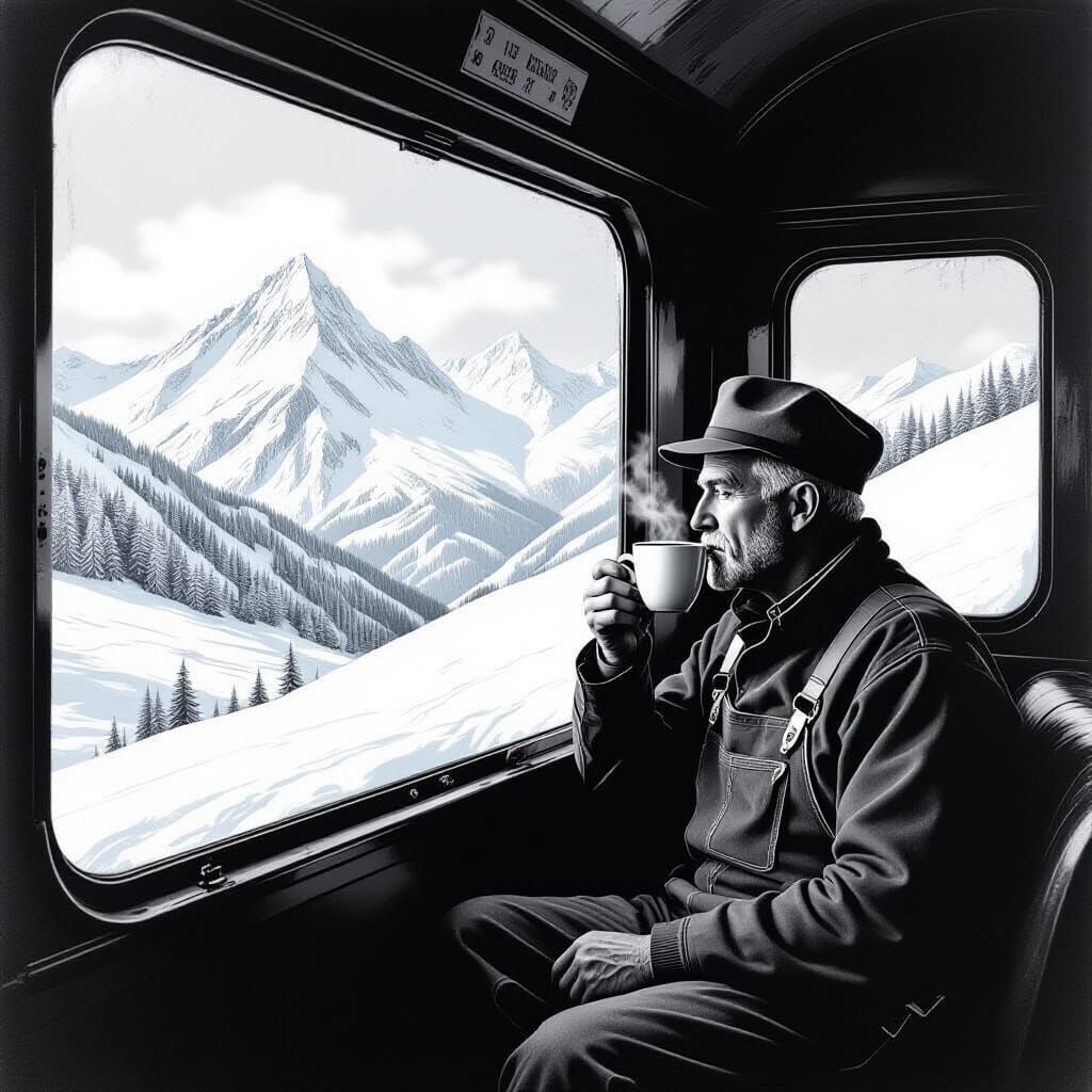 Monochrome Train Journey Through Surreal Mountains