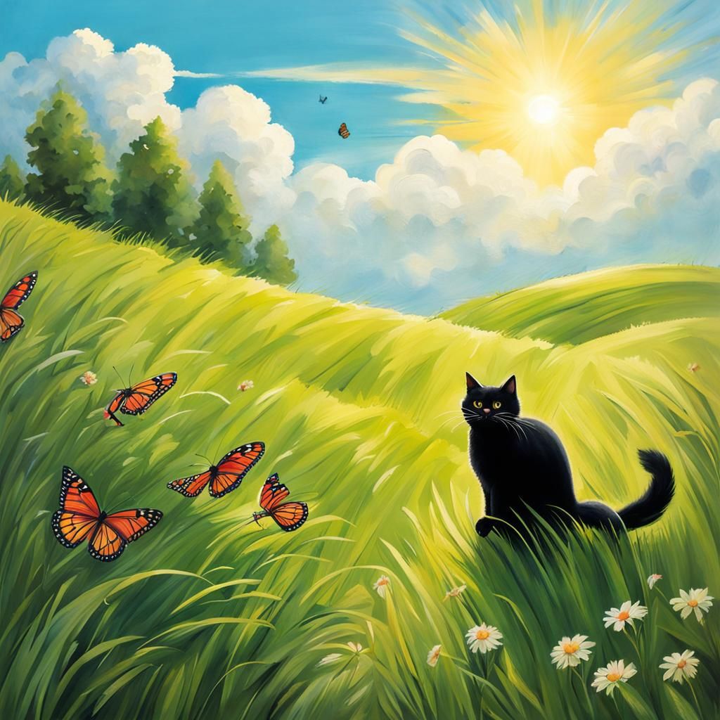 Black Cat's Sunny Chase After Butterfly