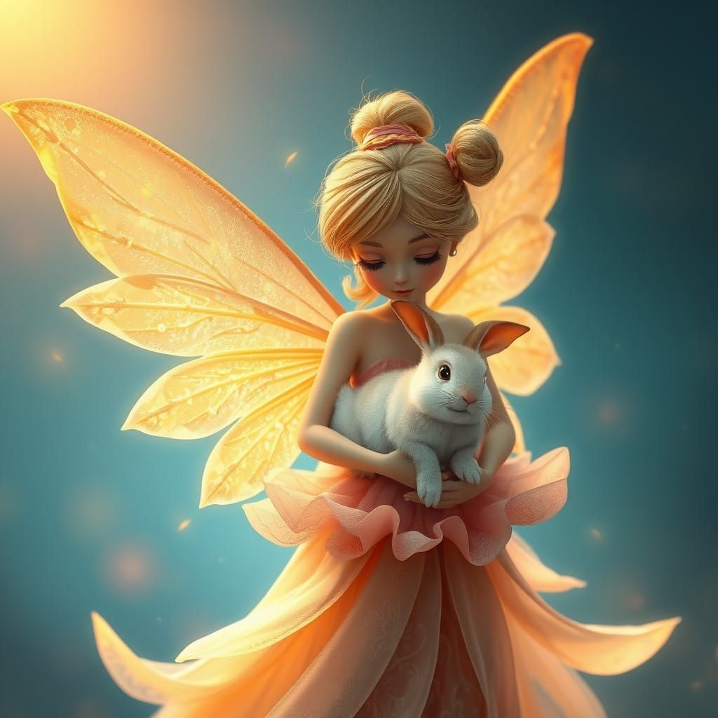 Whimsical Fairy Tenderly Holds Irresistibly Cute Bunny in En...