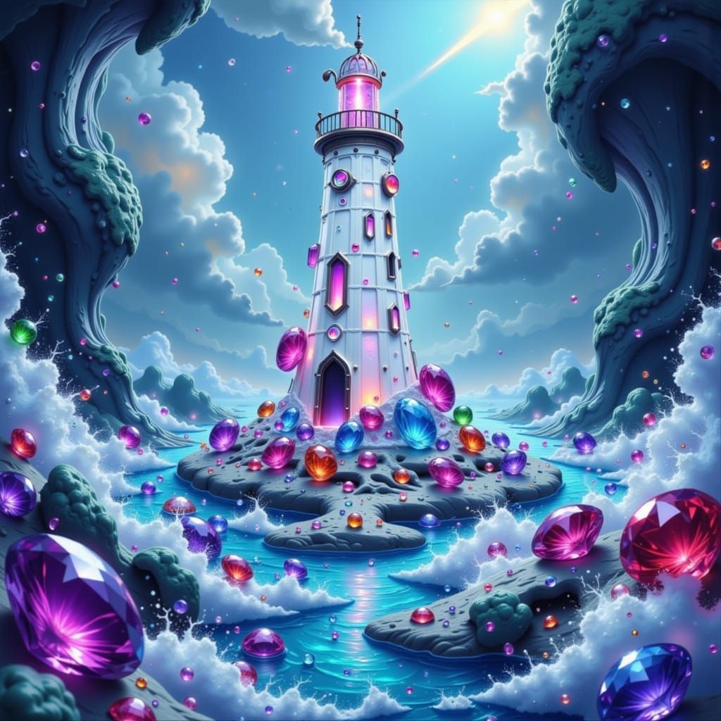 Gemstone Lighthouse on Island in Stormy Sea