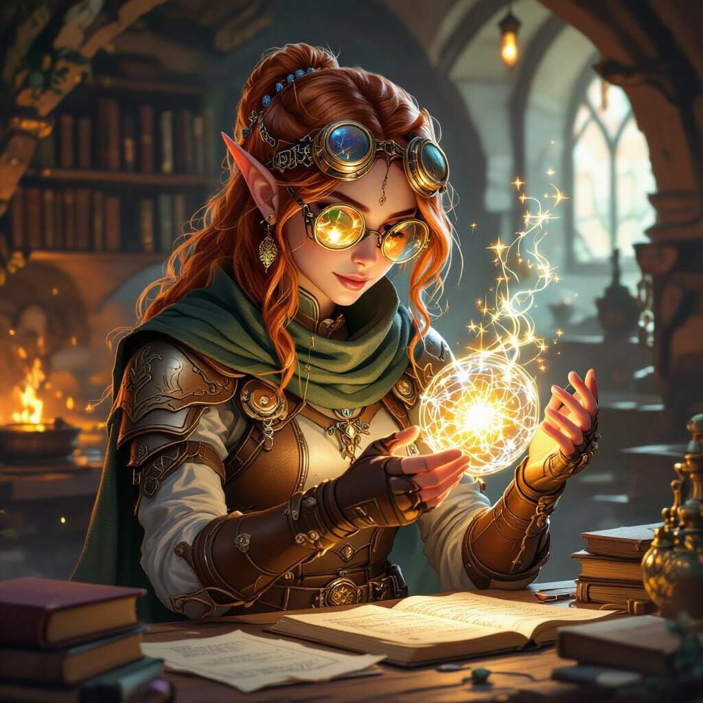 Elven Artificer in Hidden Workshop, Fantasy Art