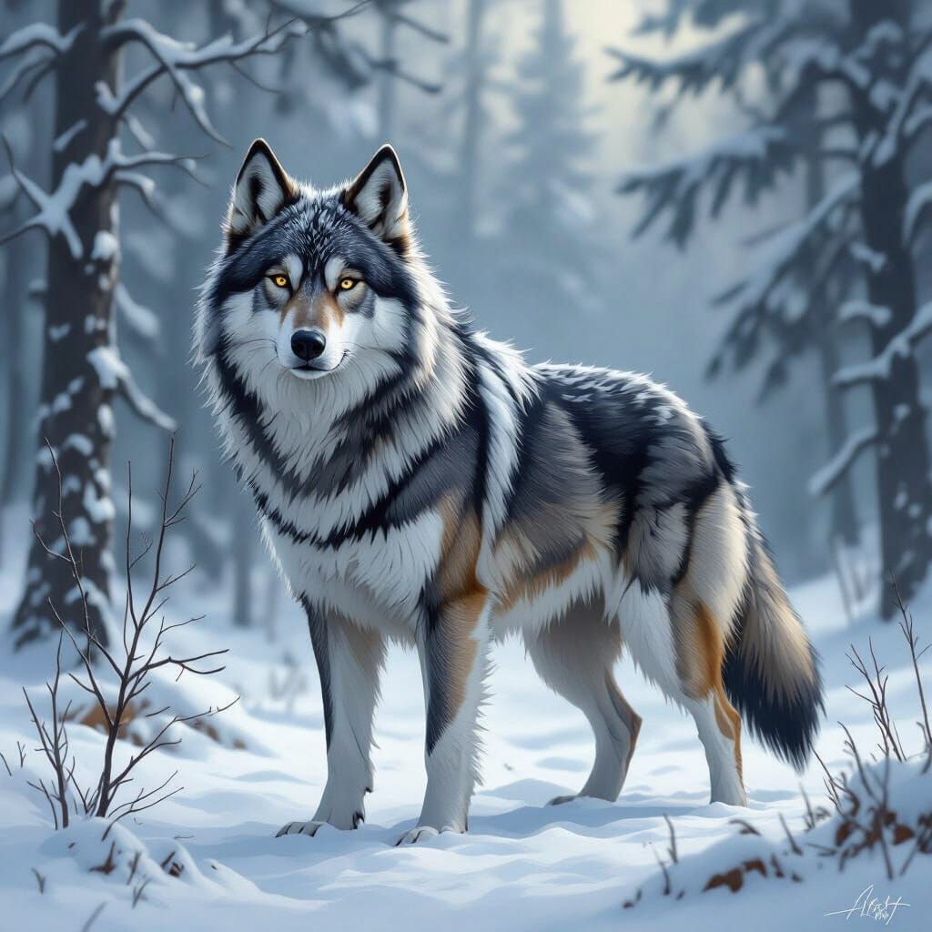 Wolf-Dog Hybrid in Snowy Forest as Digital Art