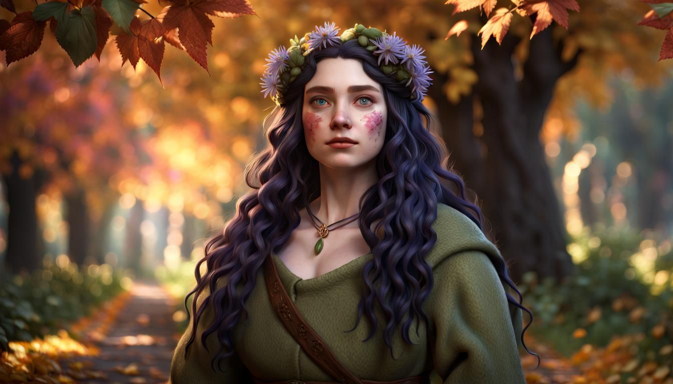 Hyperrealistic Hobbit Woman Portrait in Autumnal Setting