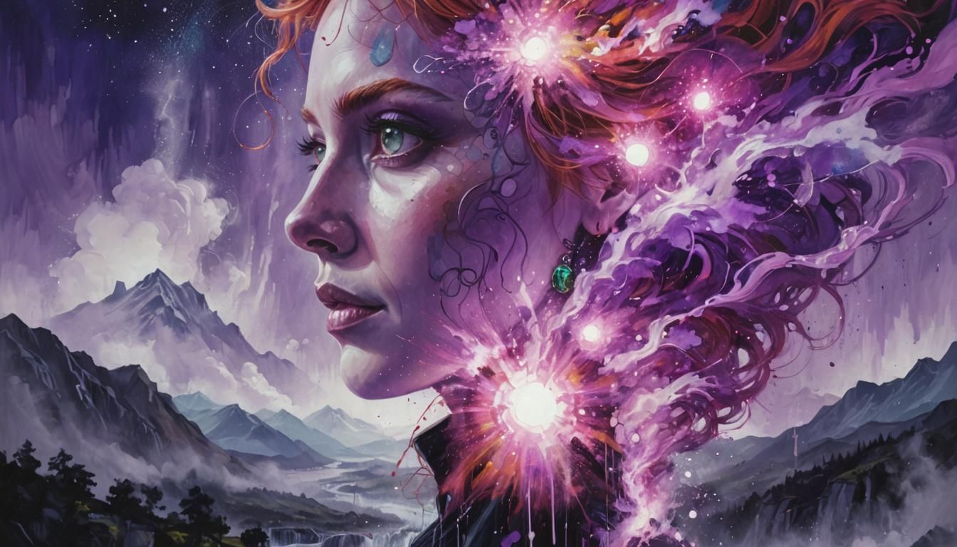 Ethereal Redhead in Waterfall Landscape, Oil Gouache Style